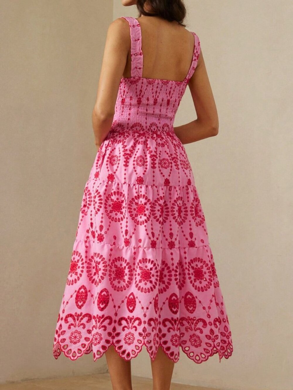 Pink Boho Elegant Women's Hollow-Out Embroidered Sleeveless Maxi Dress - Picture 2 of 7